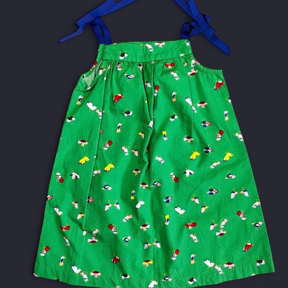 NWOT Hanna Andersson Green Bird Print Dress Blue Ribbons 100% Cotton 18 Months - Picture 2 of 7